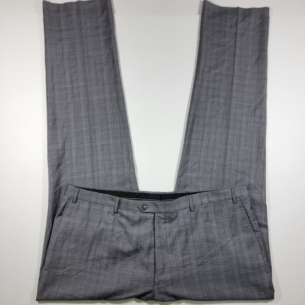 JOS A BANK Men's Dress Pants Flat Front Gray Navy Plaid Wool Size 43x UNFINISHED
